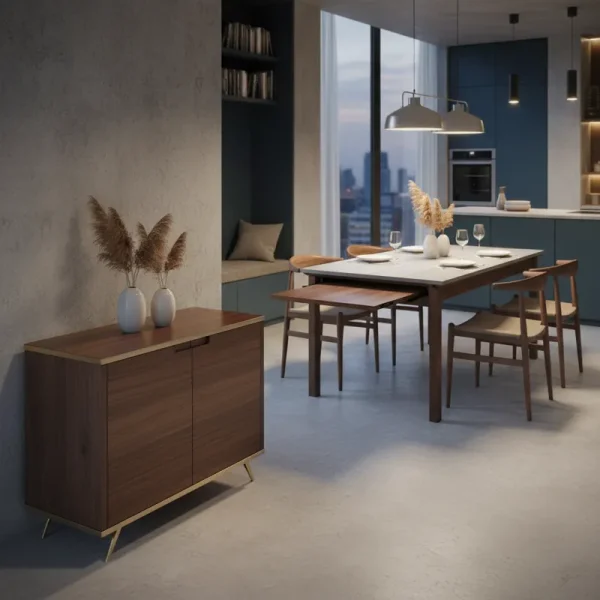Modern extendable console table transforming into a full-size dining table, showcasing its space-saving design for versatile home use.