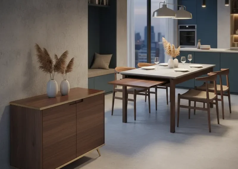 Modern extendable console table transforming into a full-size dining table, showcasing its space-saving design for versatile home use.