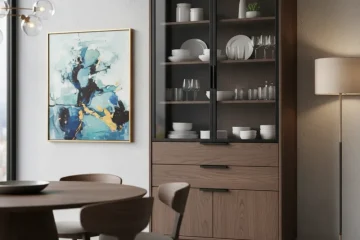 Contemporary dining room hutch with modern design, sleek finish, and ample storage cabinets for dinnerware.