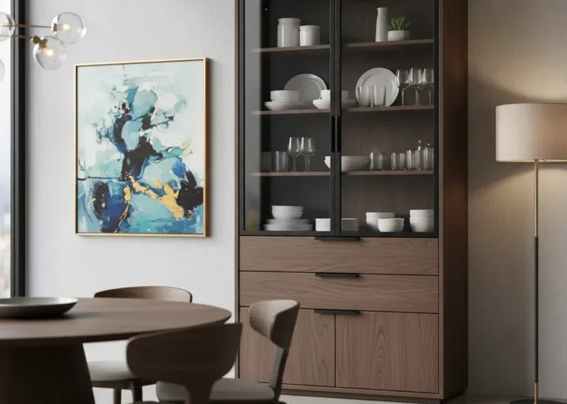 Contemporary dining room hutch with modern design, sleek finish, and ample storage cabinets for dinnerware.