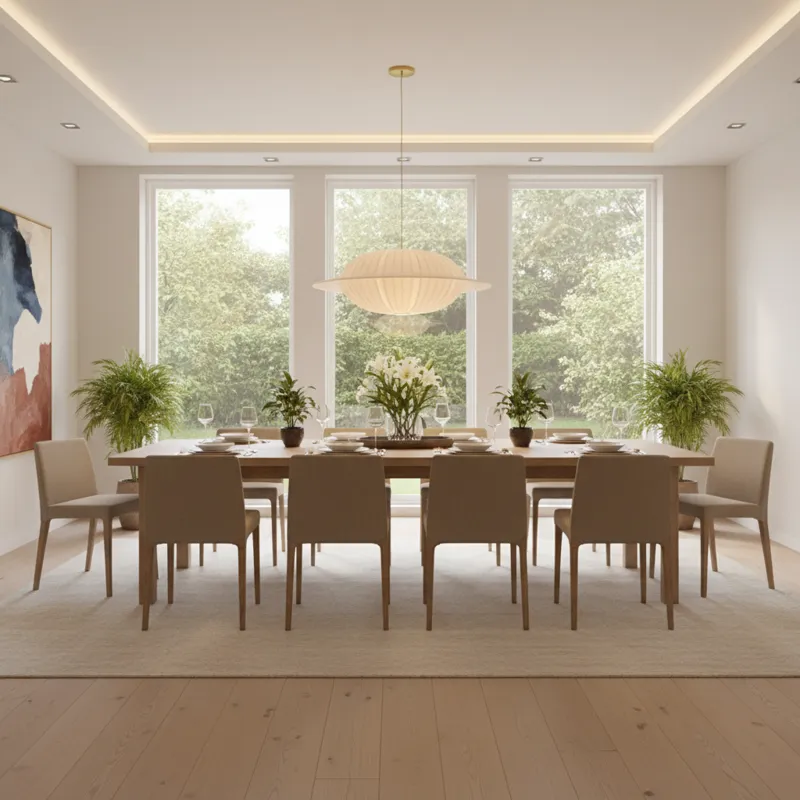 A contemporary dining room featuring a sleek, rectangular dining table with a leaf extended, comfortably seating eight people. The room has minimalist