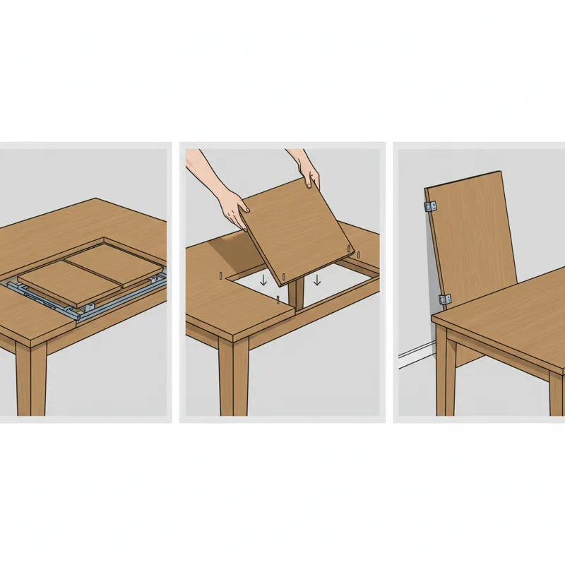 A close-up schematic showing the different types of dining table leaves: a butterfly leaf partially folded and stored within the table, a drop-in leaf