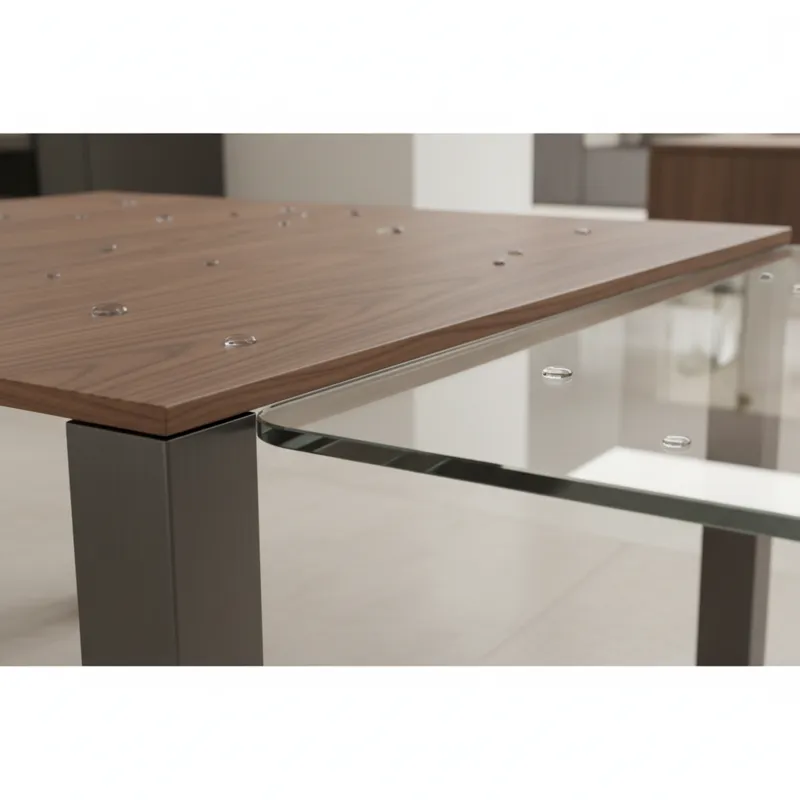A detailed close-up of different contemporary dining table materials: a smooth, matte-finished solid walnut surface, a sleek grey metal table leg, and
