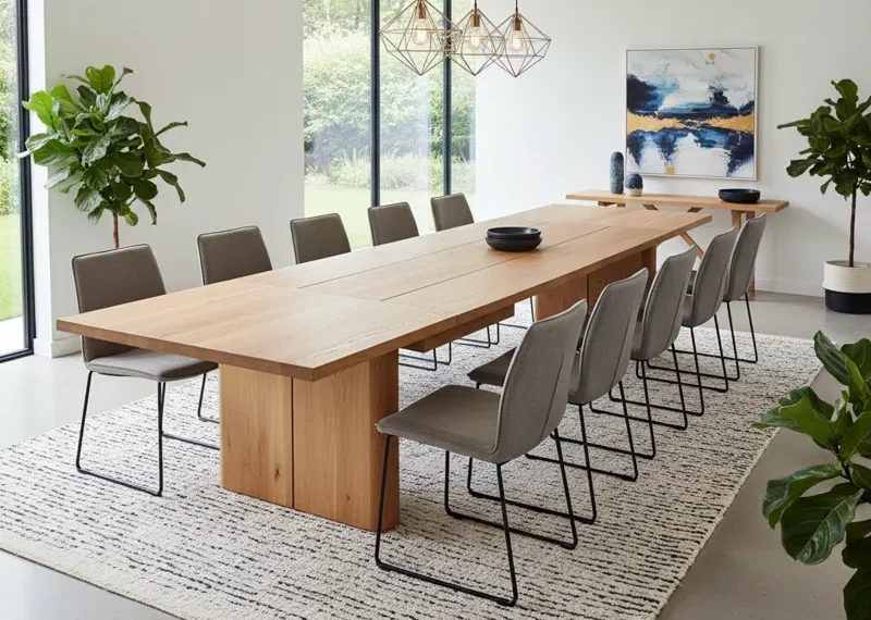Contemporary dining room table with an integrated leaf extension, featuring a sleek modern design, a durable tabletop, and a stylish base. The table is shown ready to expand for accommodating more guests.