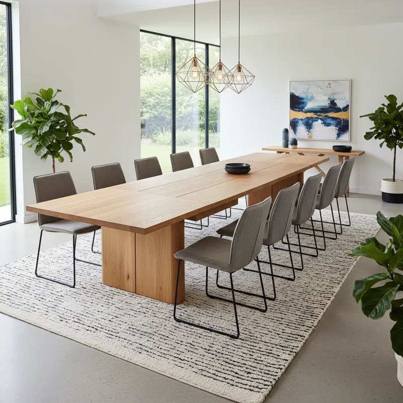 Contemporary dining room table with an integrated leaf extension, featuring a sleek modern design, a durable tabletop, and a stylish base. The table is shown ready to expand for accommodating more guests.