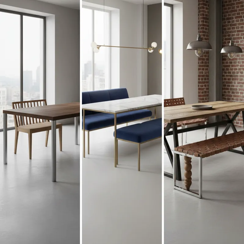 A comparison image showing three different contemporary dining table benches. One is shorter than the table, another is the same length, and the third