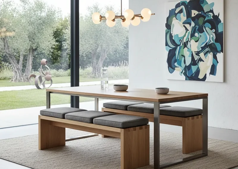 Sleek contemporary dining table bench with a light wood top and minimalist design, offering modern seating in a stylish dining room.