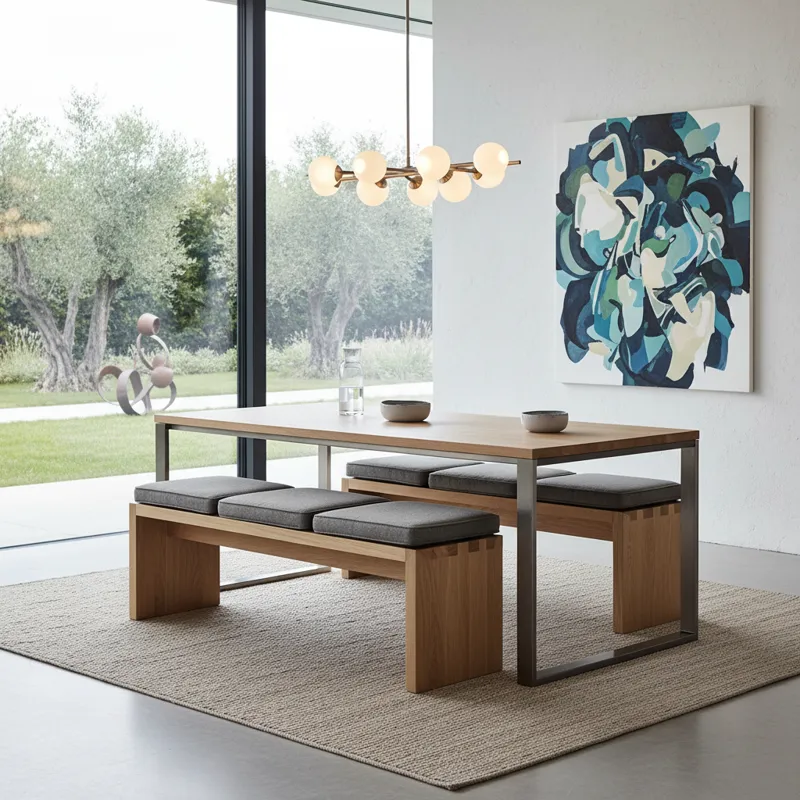 Sleek contemporary dining table bench with a light wood top and minimalist design, offering modern seating in a stylish dining room.