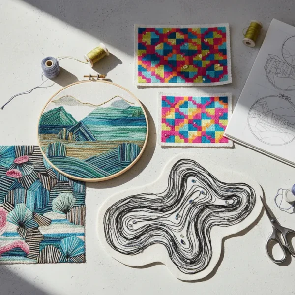 A close-up of a vibrant contemporary embroidery design featuring abstract botanical shapes and intricate textures created with various stitches, showcasing modern textile art.