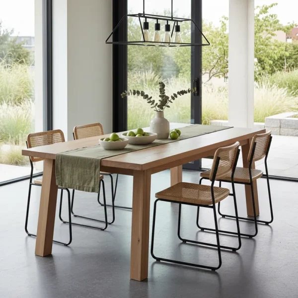 Contemporary farmhouse dining table crafted from light-toned reclaimed wood with modern black metal legs, set in a bright, minimalist dining room with natural light.