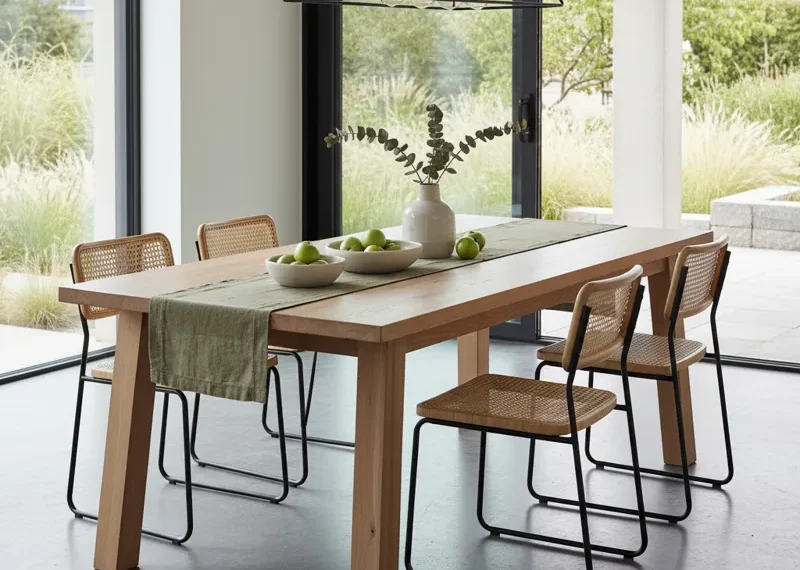 Contemporary farmhouse dining table crafted from light-toned reclaimed wood with modern black metal legs, set in a bright, minimalist dining room with natural light.