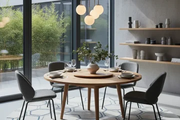 Contemporary round dining table for 4 with a sleek, minimalist design and light wood finish.