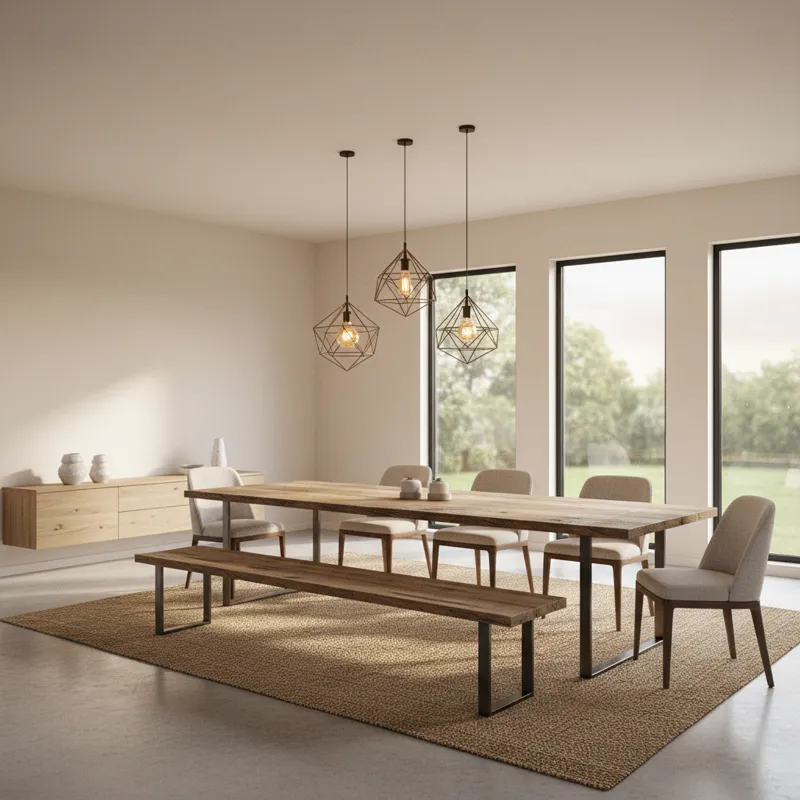 A wide shot of a contemporary rustic dining table in a dining room. The table is made of reclaimed wood with sleek metal legs. The room has neutral to