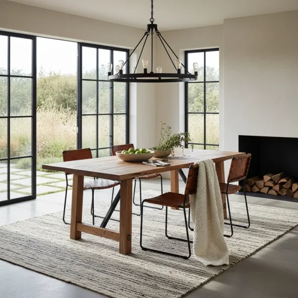 A contemporary rustic dining table crafted from natural, light-toned wood with a sturdy, minimalist base, showcasing a modern yet warm aesthetic perfect for a family dining room.