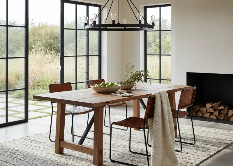 A contemporary rustic dining table crafted from natural, light-toned wood with a sturdy, minimalist base, showcasing a modern yet warm aesthetic perfect for a family dining room.