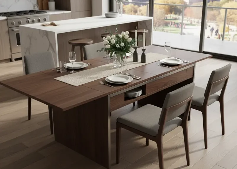 Modern wood convertible kitchen table, shown in its compact, space-saving console form and expanded for dining, ideal for small apartments.
