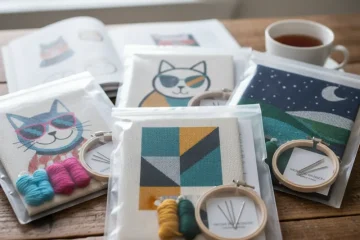 A close-up of a modern needlepoint kit featuring a vibrant, contemporary design, highlighting it as a 'cool needlepoint kit' for craft enthusiasts.