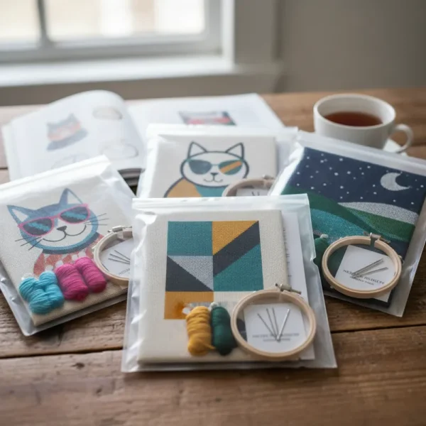 A close-up of a modern needlepoint kit featuring a vibrant, contemporary design, highlighting it as a 'cool needlepoint kit' for craft enthusiasts.