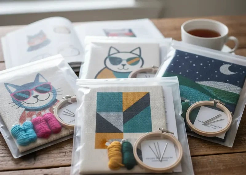 A close-up of a modern needlepoint kit featuring a vibrant, contemporary design, highlighting it as a 'cool needlepoint kit' for craft enthusiasts.
