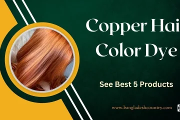 A close-up of vibrant, shiny copper-colored hair within a yellow and dark green circular frame. The image has a dark green and yellow diagonal background with text overlay reading 'Copper Hair Color Dye' and 'See Best 5 Products', promoting hair dye products.