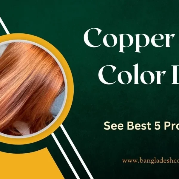 A close-up of vibrant, shiny copper-colored hair within a yellow and dark green circular frame. The image has a dark green and yellow diagonal background with text overlay reading 'Copper Hair Color Dye' and 'See Best 5 Products', promoting hair dye products.