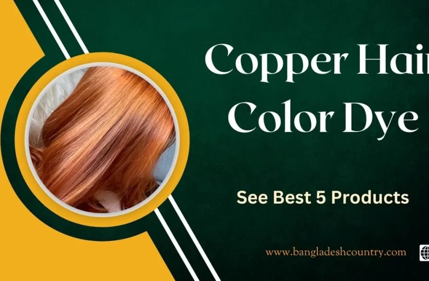 A close-up of vibrant, shiny copper-colored hair within a yellow and dark green circular frame. The image has a dark green and yellow diagonal background with text overlay reading 'Copper Hair Color Dye' and 'See Best 5 Products', promoting hair dye products.