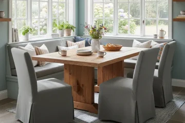 Modern corner bench table with L-shaped seating, light wood finish, and upholstered cushions in a bright kitchen dining area, optimizing space.