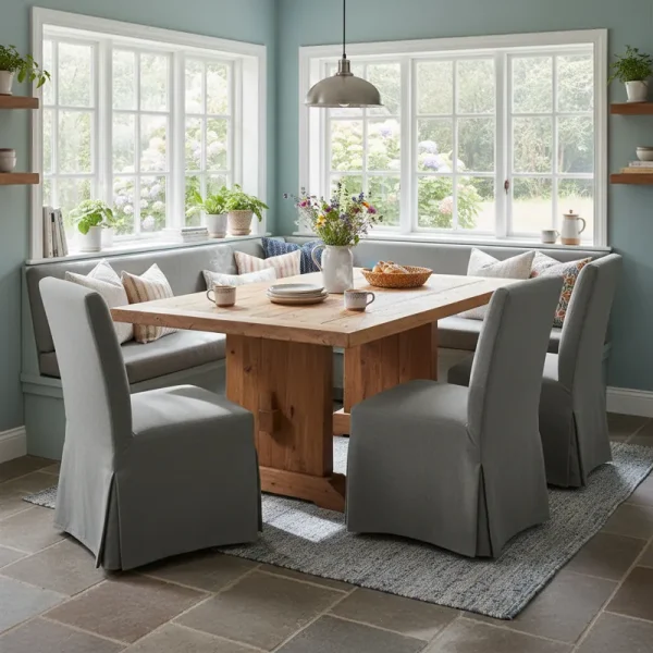 Modern corner bench table with L-shaped seating, light wood finish, and upholstered cushions in a bright kitchen dining area, optimizing space.