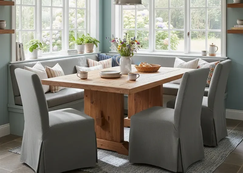 Modern corner bench table with L-shaped seating, light wood finish, and upholstered cushions in a bright kitchen dining area, optimizing space.