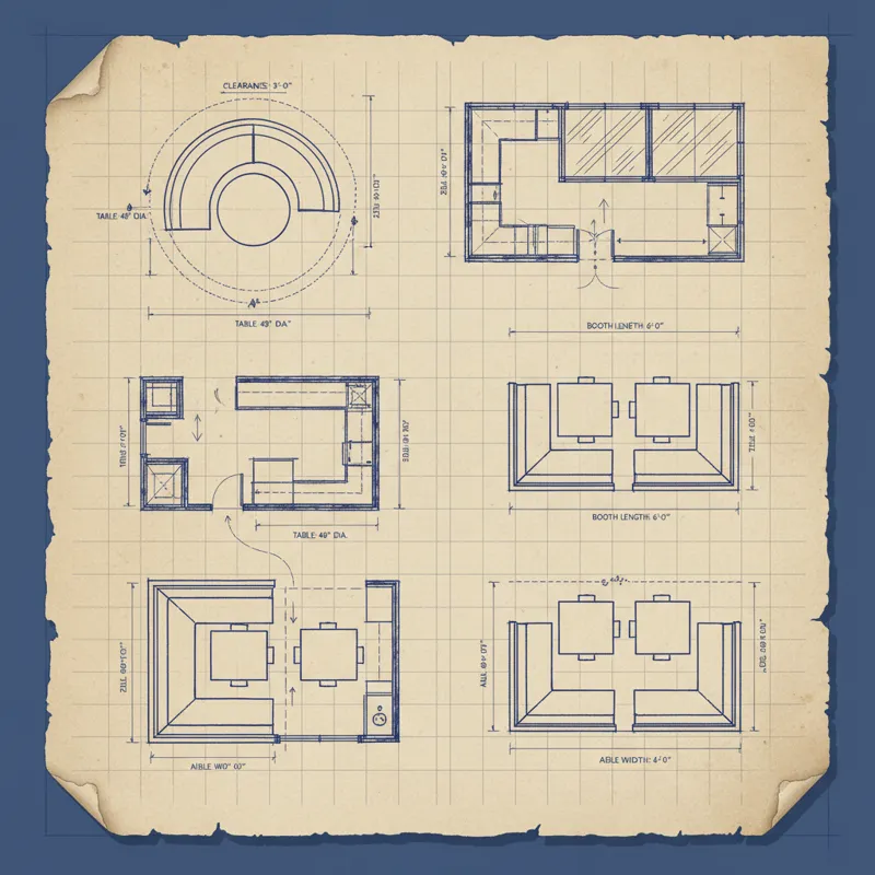 A detailed architectural drawing or floor plan showing different corner booth dining table configurations within a room, illustrating space measuremen