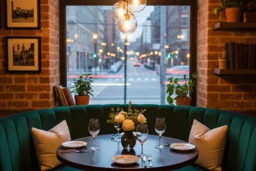 A comfortable corner booth dining table in a restaurant setting, featuring dark upholstered banquette seating against a wall, a light wood tabletop, and two additional dining chairs. The scene evokes a cozy and inviting dining experience.