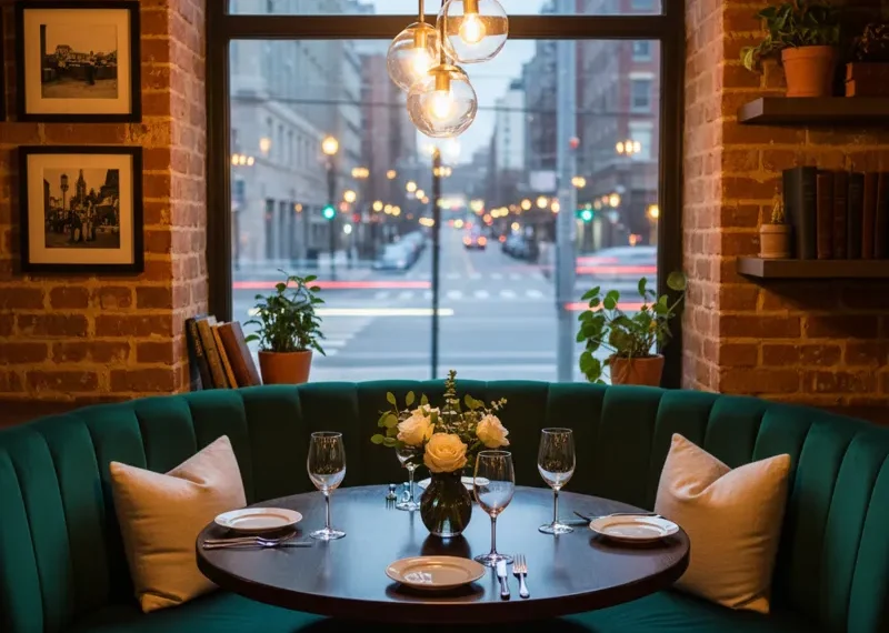 A comfortable corner booth dining table in a restaurant setting, featuring dark upholstered banquette seating against a wall, a light wood tabletop, and two additional dining chairs. The scene evokes a cozy and inviting dining experience.