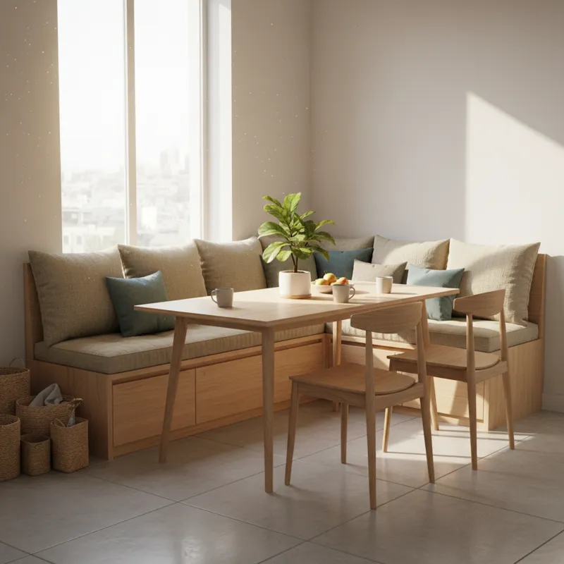 A beautifully designed modern corner breakfast nook with built-in storage benches, light wood finish, comfortable cushions, and a rectangular table. S