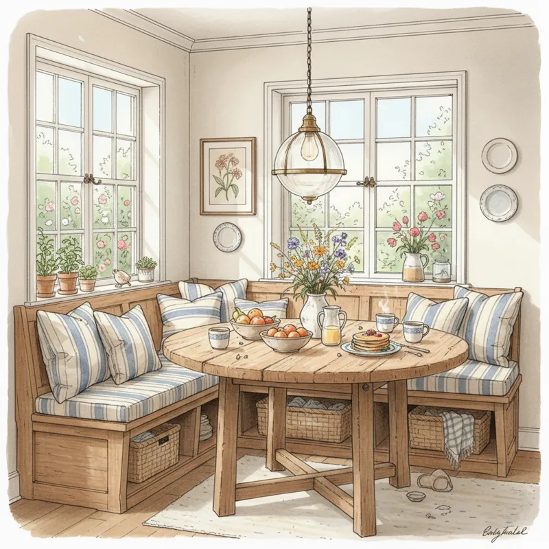 A warm, inviting corner breakfast nook featuring an L-shaped bench with lift-top storage, a rustic wooden table, and comfortable striped cushions. The