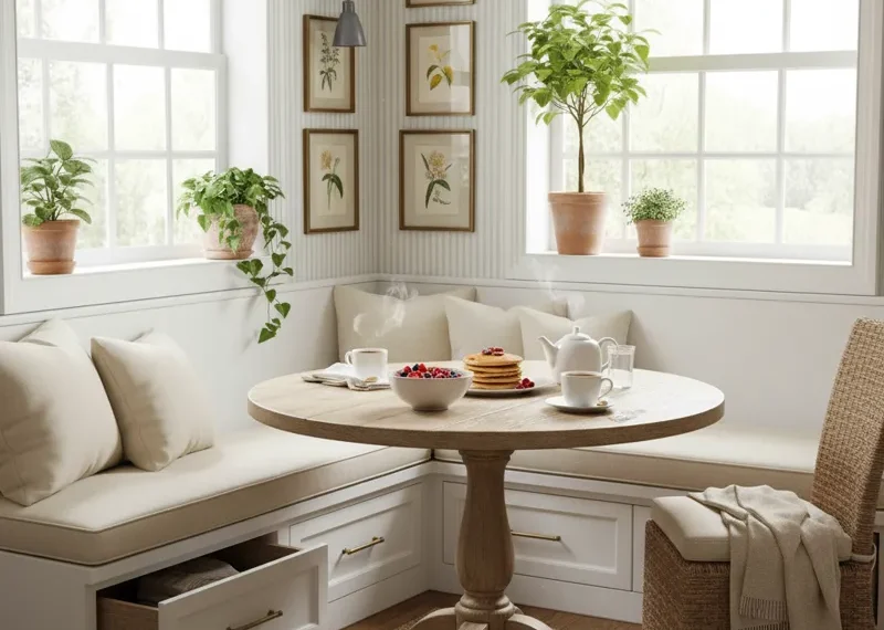 Cozy corner breakfast nook with built-in bench seating and hidden storage underneath, styled in a modern kitchen dining area.