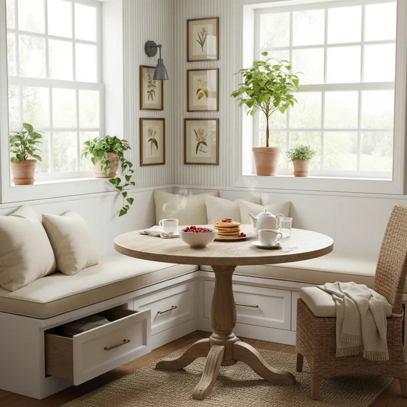 Cozy corner breakfast nook with built-in bench seating and hidden storage underneath, styled in a modern kitchen dining area.