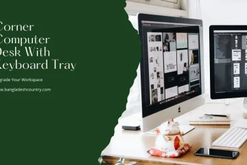 A modern office desk setup featuring two iMac computers, a wireless keyboard, and a Maneki-neko cat figurine, alongside text promoting a 'Corner Computer Desk With Keyboard Tray' to 'Upgrade Your Workspace'.