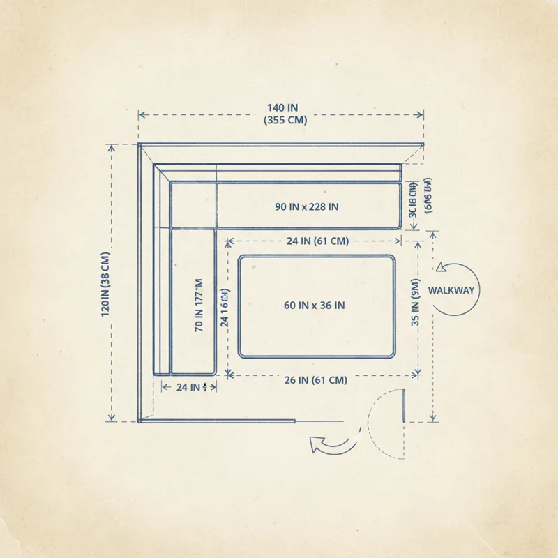 An overhead diagram showing a kitchen corner with measurements for a dining bench. The diagram includes dimensions for wall lengths, bench lengths, ta