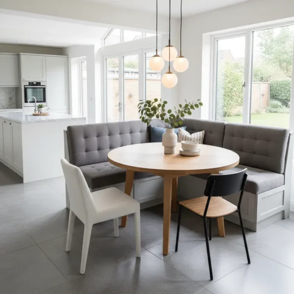 Modern L-shaped gray corner dining bench with a wooden base, creating banquette seating in a kitchen nook with a round dining table and pendant lights.