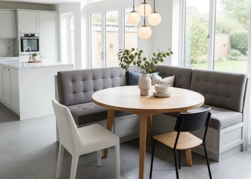 Modern L-shaped gray corner dining bench with a wooden base, creating banquette seating in a kitchen nook with a round dining table and pendant lights.