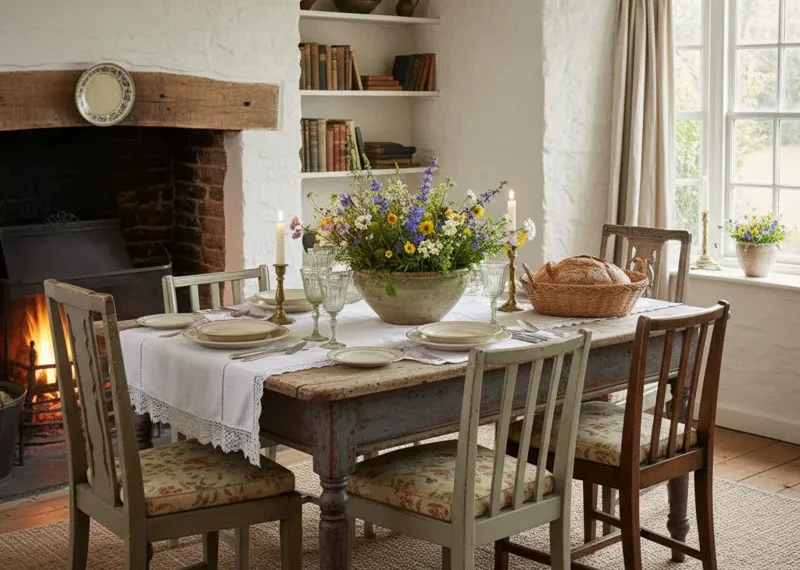 A rustic wooden cottage dining room table set with a floral centerpiece and surrounded by simple chairs, bathed in natural light.