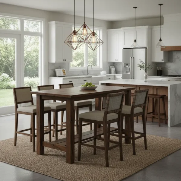 Modern counter height dining room set with a rectangular wooden table and four upholstered bar stools, ideal for a contemporary kitchen or dining area.