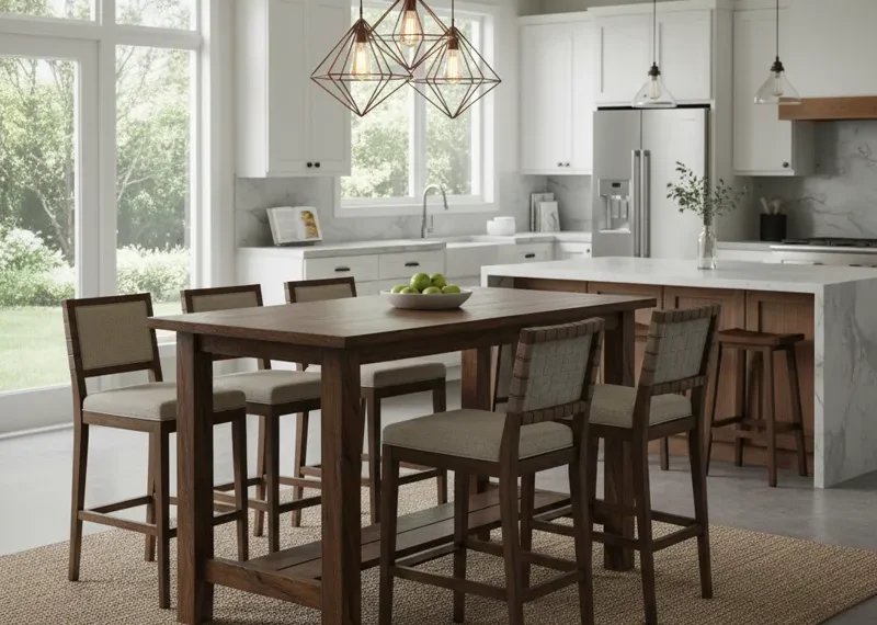 Modern counter height dining room set with a rectangular wooden table and four upholstered bar stools, ideal for a contemporary kitchen or dining area.