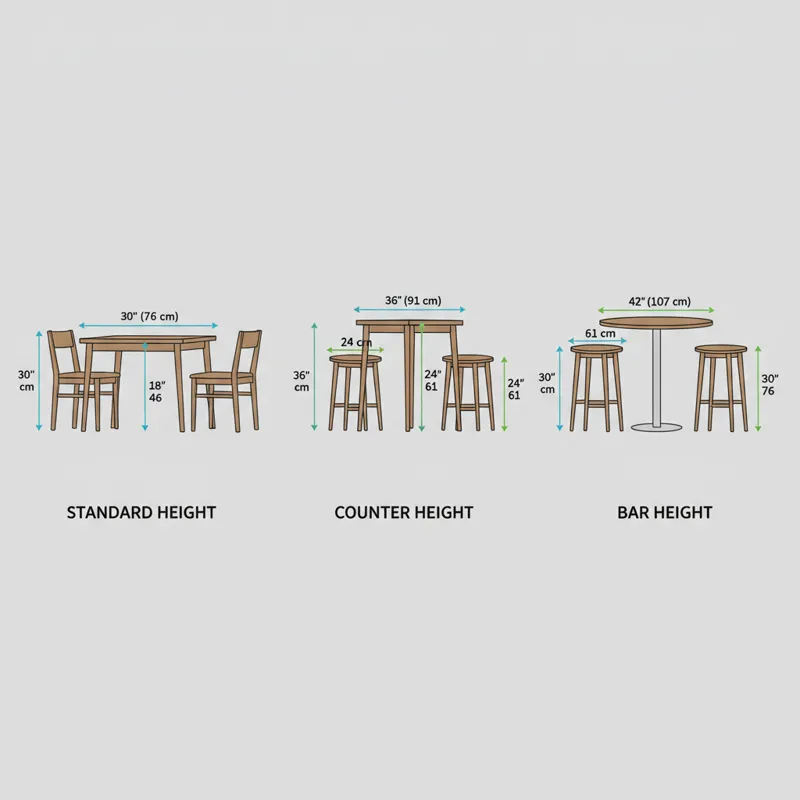 A diagram illustrating the height differences between standard, counter, and bar height tables and chairs, with measurements clearly marked.