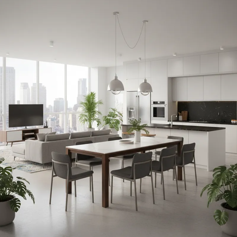 A spacious, modern open-concept living area featuring a stylish counter height dining table with 6 chairs seamlessly integrated between the kitchen an