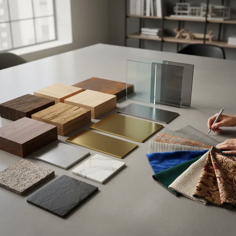 A detailed shot of various material samples for furniture (wood, metal, glass, stone) alongside fabric swatches for chair upholstery, emphasizing choi