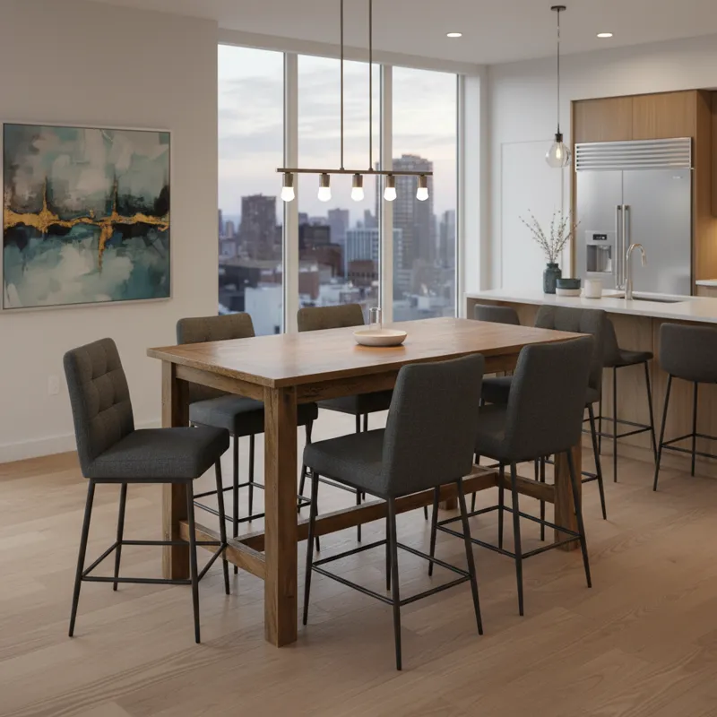 Modern counter height dining table with 6 upholstered chairs, perfect for a contemporary kitchen or dining area.