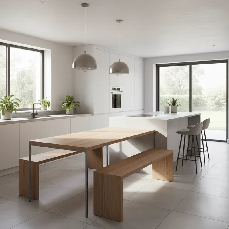A stylish, modern kitchen with an integrated counter height dining table featuring a sleek wooden bench. The setting should feel open and inviting, sh