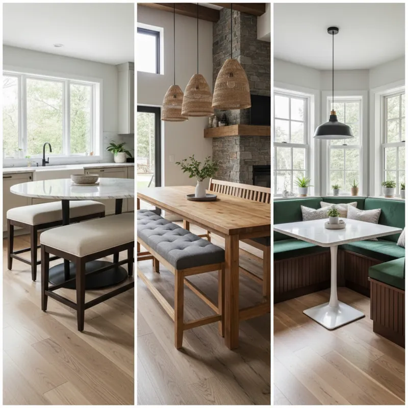 A collage or series of images showcasing different types of counter height benches: a backless bench tucked neatly under a table, a long bench with a