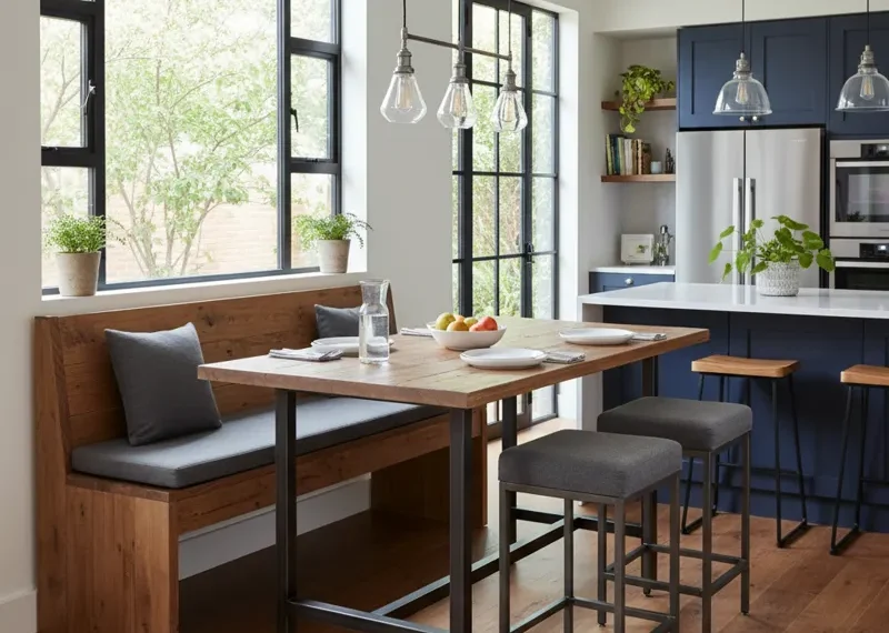 Modern counter height dining table with a long wooden bench and matching chairs, showcasing a space-saving and casual dining solution for kitchens or breakfast nooks.